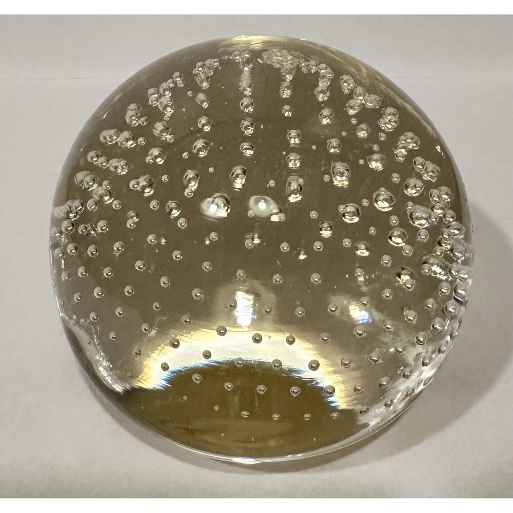 Vintage Art Paperweight Smoky Art Glass Round Orb with Bubbles MCM Clear